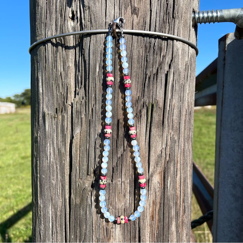 Handmade White Opal Beaded Necklace | Red Emperor Stone & Cow Print Jasper